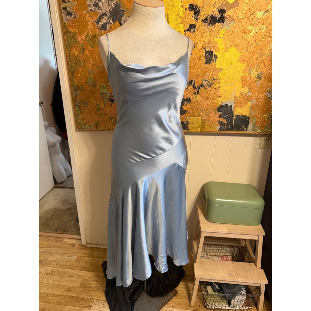 BCBGMAXAZRIA Light Blue Satin Cowl Neck Asymmetrical Ruffle Midi Dress Large